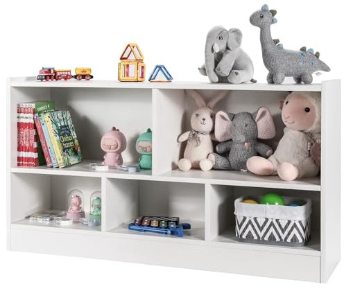 COSTWAY Kinder Spielzeugschrank Holz, Spielzeugregal mit 2 großen Fächern und 3 kleinen Fächern, offen, Kinderregal für Spielzeug, Puppen und Bücher, 111 x 30 x 61,5 cm, Weiß