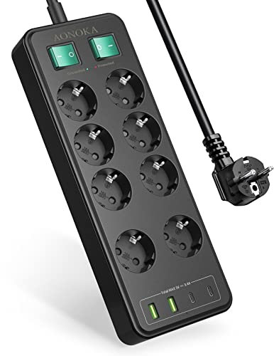 Multipresa Ciabatta Elettrica USB C, Ciabatta Multipresa 8 Prese con 2 Interruttori Indipendenti Ciabatta Elettrica con USB 5V/3.4A Surge Arrest Presa Multipla Salvaspazio 1.5M [Classe A]