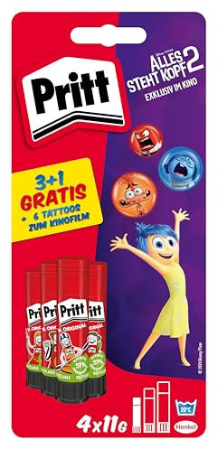 Pritt Juego de 4 barras de pegamento de 11 g y tatuajes, pegamento seguro y apto para niños para artes y manualidades, pegamento fuerte para la escuela, 9H PGS6B