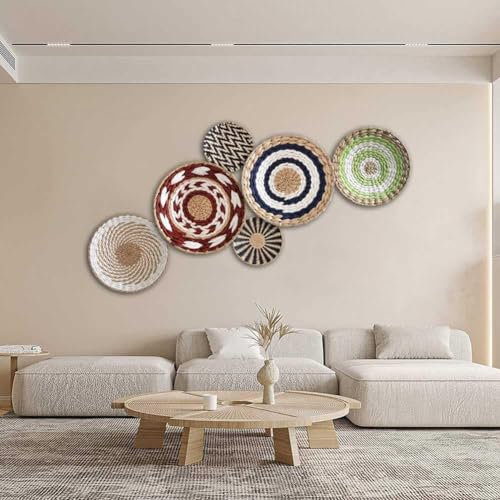 Ensemble de 6 Paniers en Osier de Décoration Murale en Jonc de Mer Tissé Naturel Suspendus Paniers Plats Ornement Boho Panier Rond pour Décoration Murale