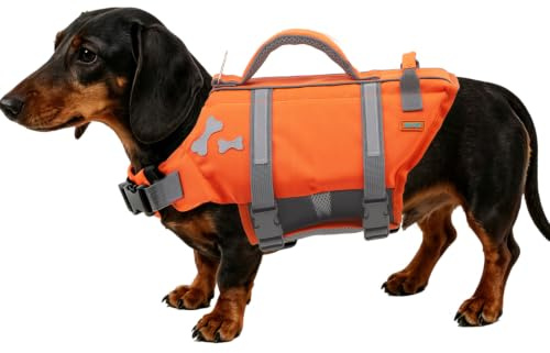 EMUST Dog Life Vests, Adjustable Dog Life Jacket with Rescue Handle, Pet Flotation Vest for Small/Medium/Large Dogs, XS, NewOrange