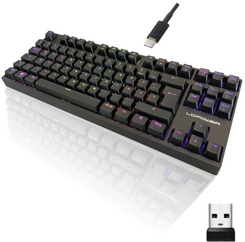 LC-Power Tastiera da gioco wireless RGB Design compatto TKL, tasti anti-ghosting, illuminazione RGB, ricaricabile, 5 modalità di gioco preimpostate, 88 tasti