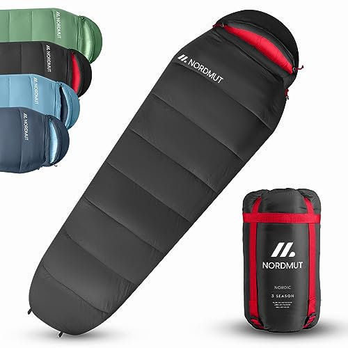 NORDMUT® Schlafsack Erwachsene – kleines Packmaß & Ultraleicht (900/1500g) – 3-Jahreszeiten (250 GSM) & Sommerschlafsack (100 GSM) – Mumienschlafsack für Camping, Outdoor & Festivals