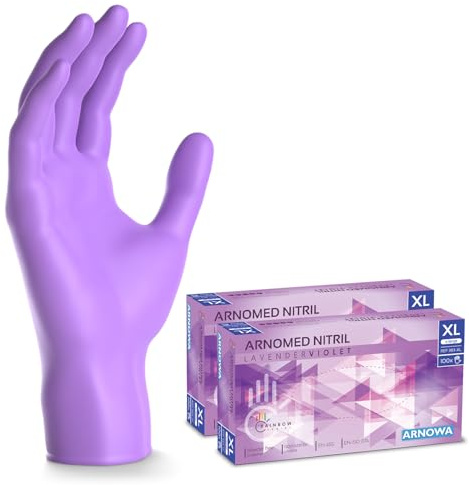 ARNOMED gants jetables violet, gants nitrile taille XL, gant jetable 200 pièces (2 boîtes), gants en nitrile non poudrés & sans latex, gants jetable cuisine, gants a usage unique en XS, S, M, L & XL