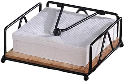 Napkin Holder for Tables, Flat Serviette Holder with Weighted Arm Cocktail Napkin Paper Dispenser with Wooden Base for Kitchen Dining Table Restaurants Countertop (Black)