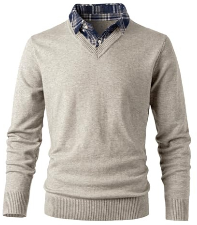 OlyljpinZ Uomo Maglione e Camicia 2 in 1 V-Collo Maglione Inverno Foderato in Pile Pullover a Manica Lunga Giacca in Maglia Felpa con Mock Shirt Collare