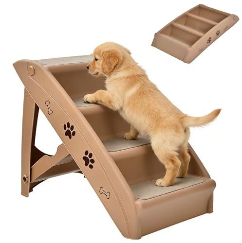 GYMAX Haustiertreppe mit 4 Stufen, klappbare Hundetreppe aus Kunststoff mit rutschfesten Fußpolstern, 4 Teppichen & dreieckiger Struktur, Kletterhilfe für Katzen & Hunde (Kaffee)