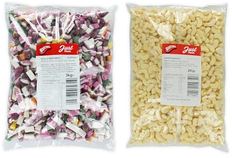 Vintage Retro Dual Pack: Bulk Bags of Classic Nostalgic Treats - Dolly Mixtures 3kg and Mini Foam Bananas 2kg - 4,15