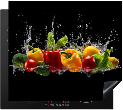 KitchenYeah© Protege Couvre Plaque De Cuisson Deco Cuisine Tapis Protection | 60x52 cm - Protecteur Induction Poivron - Eau - Légume - Noir