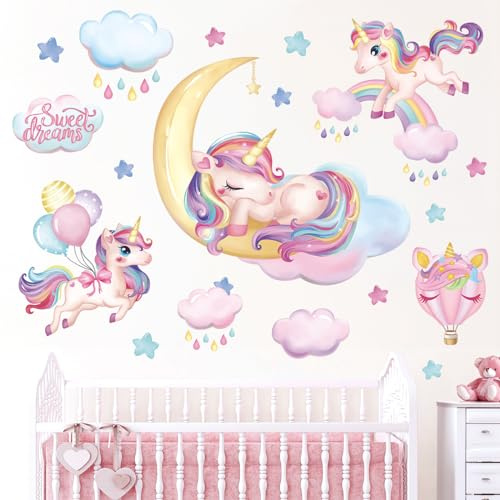 wondever Wandtattoo Einhorn Wandsticker Ballon Einhorn auf Mond Wolken | Abziehen und Aufkleben, Abziehbar, Wandaufkleber Selbstklebend für Kinderzimmer Mädchen Babyzimmer Mädchenzimmer Wanddeko