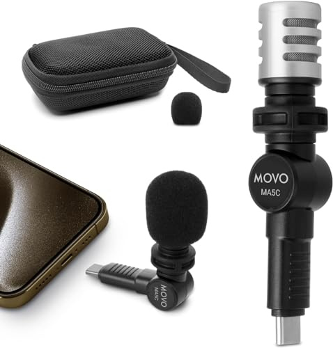 Movo Microfono esterno USB-C per iPhone 15, microfono per iPhone 15, dispositivi USB-C, microfono a condensatore portatile per registrazione video, voiceover, interviste, viaggi, vlogging, YouTube
