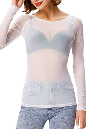 STAR FASHION Sheer Mesh Top Long Sleeve See Through T Shirt Tops for Womens Ladies Stretchy Round Neck Tee T-Shirts White-SM