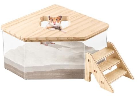 Hamster Sandbad Box | Hamsterbad Sand Rennmäuse Sandbad Hamster Staubbad | Transparentes Acryl Duschraum Kleintiere Graben Sandbehälter mit Holzabdeckung Hamster Zubehör