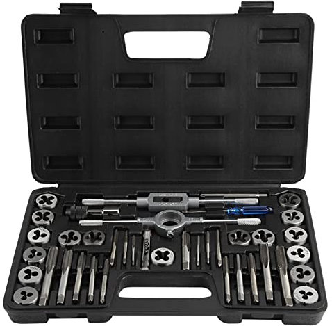 40-teiliges Gewindebohrer- und Schneideisen-Set, metrische Gewinde M3, M4, M5, M6, M7, M8, M10, M12, Gewindewerkzeug-Set mit kompletten Griffen, Zubehör und Koffer