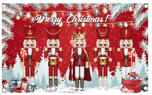 Valicaer Cartel de Navidad con Cascanueces, Decoración Feliz, Pancarta, Telón de Fondo, Fondo Rojo, Letrero de Cabina de Fotos