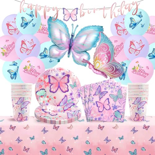 Juego de Decoración de Cumpleaños Mariposa, 99 Pcs Mariposa Vajilla de Fiesta con Globo, Platos Ttazas Servilletas, 20 Invitado
