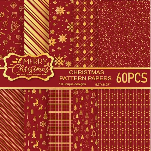 MIAHART 60-teiliges Weihnachtsmusterpapier-Set „Frohe Weihnachten“, 10 Designs, Festival-Bastelpapier für die Kartengestaltung, Scrapbook (Rot & Gold, A5)