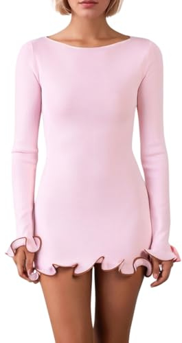 Naileksi Women Elegant Ruffle Hem Knit Mini Dress Long Sleeve Contrast Color Patchwork Bodycon Short Sweater Dress Fall Pink
