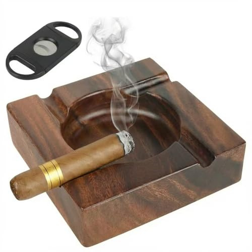 Premium Wooden Cigar Ashtray with Cigar Cutter, Large Cigarette Ash Tray Set with 4 Slot Holder, Accessories Outdoor Indoor Home Bar Use, Ideal Gift Christmas Father's day for Men