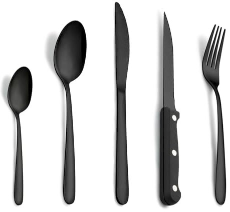 Posate, Pleafind posate da 30 pezzi, posate acciaio inox 6 persone per uso alimentare, set posate in nero con coltello, cucchiaio, forchetta, coltello da bistecca, lavabili in lavastoviglie