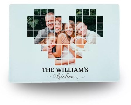 Planche à découper en verre trempé avec motif cœur personnalisable pour collage de photos de famille, finition chinchilla personnalisable, cadeau de cuisine hygiénique pour elle (taille M)