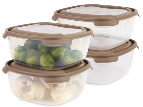 PROFUN Stora skålset med lock, plastskål, matbehållare, mikrovågsugnsredskap, stapelbara behållare, förvaringsburkar 4 x 2,0 l pack brun