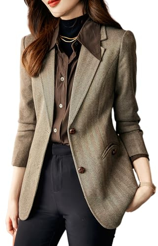 ebossy Women's Notched Lapel Plaid Herringbone Blazer Jacket Classic Single Breasted Slim Wool Blend Coat (XL, Brown)