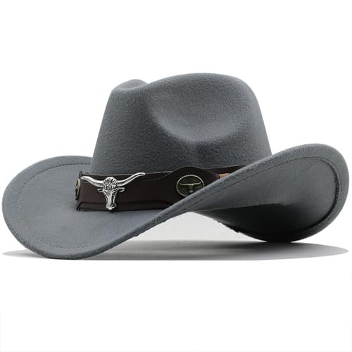 WUFANGBU Fedora Trilby Filzhut Hut Zylinder Cowboy Zylinder Gekräuselte Traufe Retro Reithut Filzhut M(56-58Cm) Grau