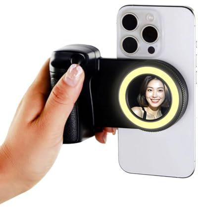 Growalleter Soporte para cámara – Agarre magnético para cámara de teléfono con luz de anillo y control remoto inalámbrico, luz RGB ajustable para iPhone y Android, mango ergonómico para vlogging