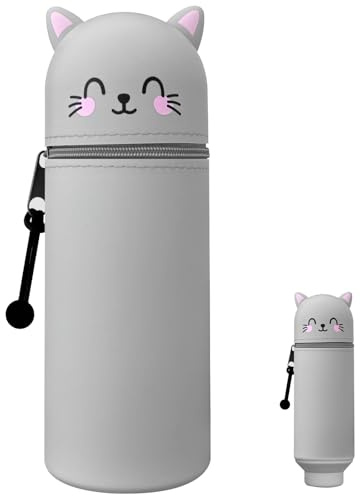 CNMTCCO Silikon Federmäppchen,2 in 1 Weiche Silikontasche mit Zip Tier Stifthalter,Cartoon Federmäppchen,Schulmäppchen aus weichem Silikon für Schule und Büro (Graue Katze)