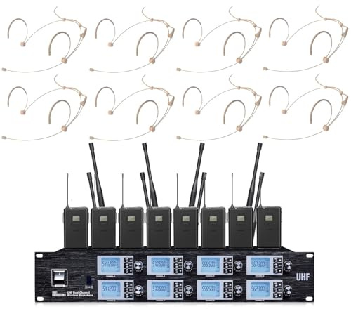 8 Channel Wireless Microphone System Pro UHF 8 Channel 8 Bodypacks 8 Headsets for School Drama Theatre Stage Performance, Beige Headworn Mics