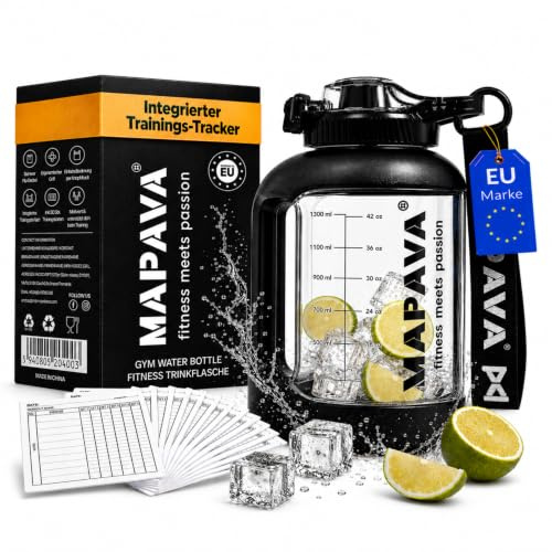 MAPAVA® Sport Trinkflasche 1 5 Liter mit Trainingsplan-Fach & 30 Trainingskarten – Trinkflasche Fitnessstudio, manueller Fitness Tracker für Gym & Fitness, Tritan, BPA-frei, auslaufsicher