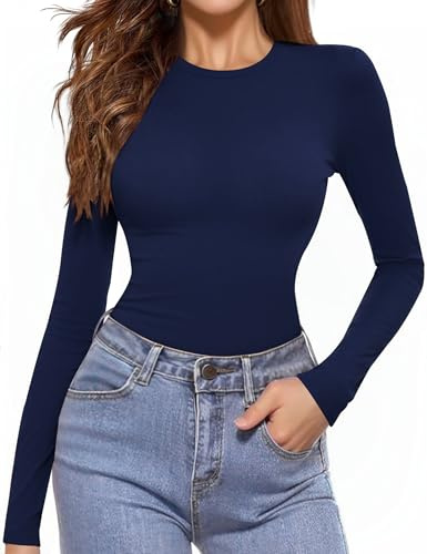 Aottori Womens Long Sleeve Tops Ladies Round Neck Base Layer Shirts Casual Slim Fitted Undershirt Lightweight Basic Tunic Pullover