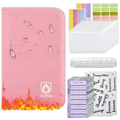 Fireproof & Splash-Resistant Budget Binder, A6 Money Saving Book with 8pcs Cash Envelopes, 12 Expense Sheets, Stickers & Card Pockets | Complete Set for Cash Envelope System & Money Management-Pink