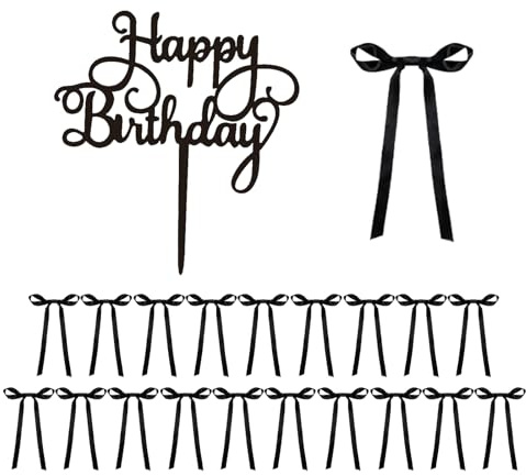 Votvlog Set di 21 decorazioni per torte - topper per torta Happy Birthday nero e 20 eleganti fiocchi in poliestere per decorazioni per torte di compleanno, matrimonio o San Valentino