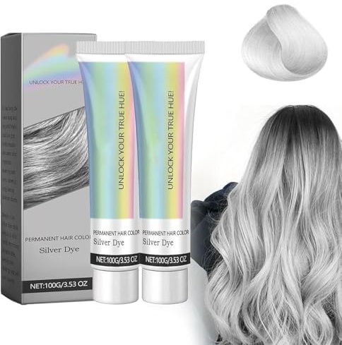 Silver Gray Hair Color Dye, Plant-Infused Nourishing Hair Dye for Light Hair, Vibrant Long-Lasting Silver Tone, Easy to Use at Home, 2 Packs