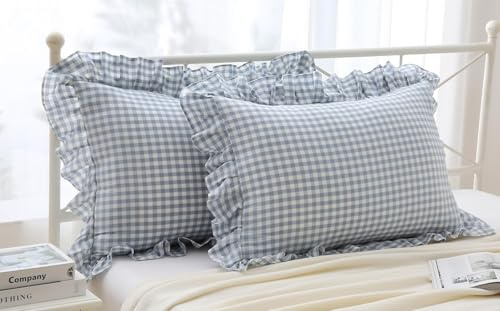 Blau-weiß Karierte Kissenbezüge mit Rüschen, 40x60 cm, 2er-Set – 100% Baumwolle, Landhausstil – Für Nacken-/Seitenkissen, Sofa & Dekoration