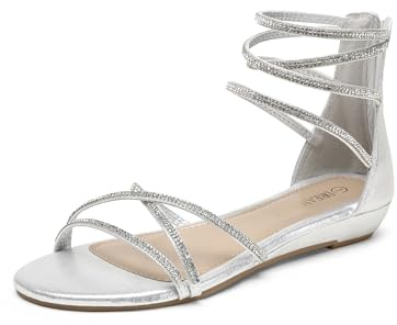 DREAM PAIRS Women's Ankle Strap Flat Sandals Summer Dressy Strappy Gladiator Rhinestones Sandals,Size 8,Silver,WEITZ