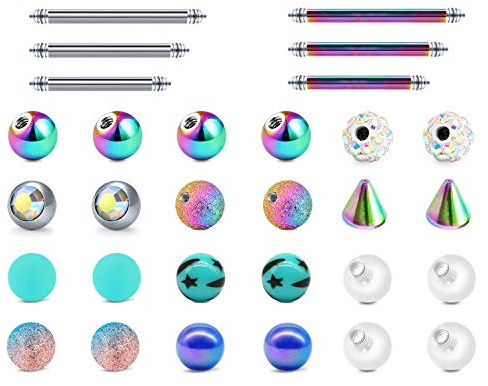 LAURITAMI 24pcs Ricambio Piercing Palline Acciaio Chirurgico & Acrilico 5mm 14G Lingua Ombelico Capezzolo Industrial Bars Barbell Corpo Gioielleria