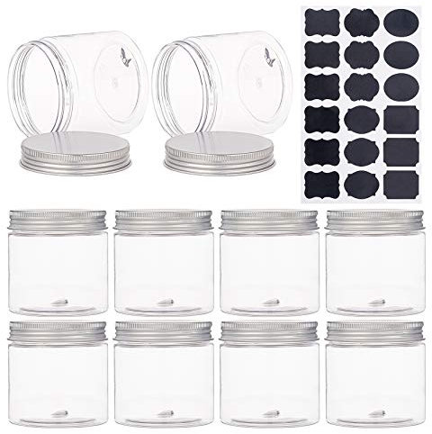 BENECREAT 9 Pack 200ml Barattoli Contenitori in Plastica Trasparente Pet con Tappi a Vite in Alluminio, 1 Foglio Etichetta Adesiva per Cosmetici, Perline, Snack di Cibo Secco