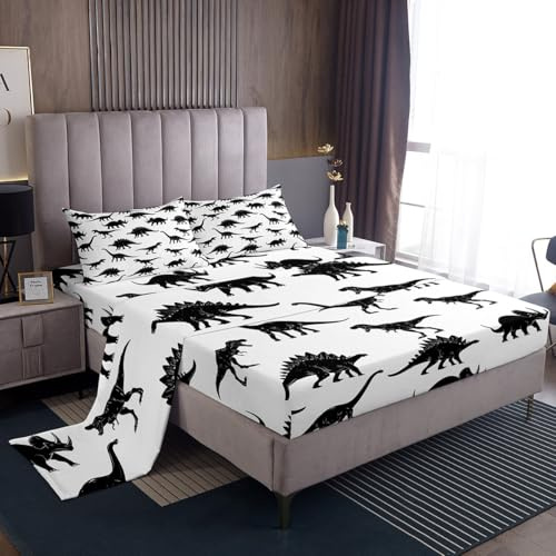Feelyou Boys Bed Sheet Set Full Size Kids Dinosaur Sheets Soft and Cozy Jungle Animal Pattern Bedding Set for Children Girls Toddler Bedroom White Black Wild Dino Bed Set,Sheets Set