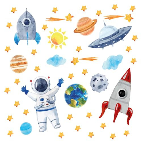 Lot d'autocollants pour fenêtre sur film transparent I 3 feuilles DIN A4 avec un total de 46 autocollants I avec fusées étoiles et planètes I Double face et autocollant I Protection contre les oiseaux