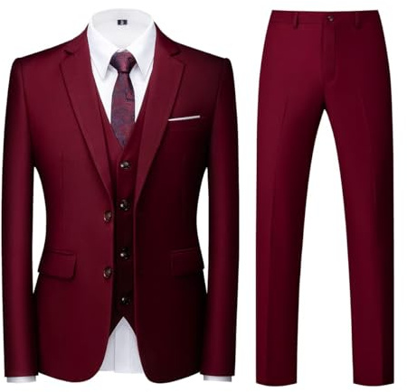 KUDORO Abiti da Uomo 3 Pezzi Slim Fit Abito Formale Puro Colore Due Bottoni Abito da Smoking Blazer Gilet Pantaloni(Vino Rosso,S)