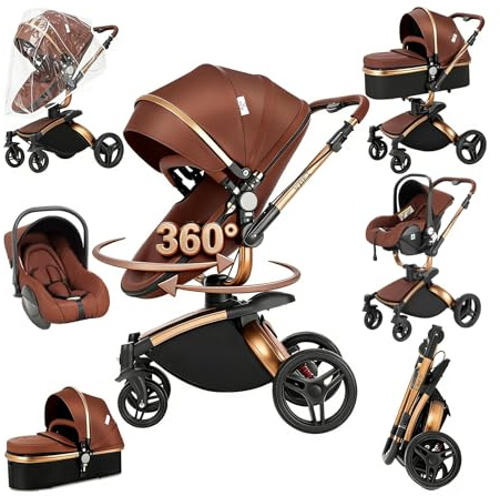Magic ZC PU Leather 3 in 1 Pushchair Pram Travel System, Baby Stroller 3 in 1 with 360° Rotatable Seat, Newborn Infant Carriage One-Click Folding, Toddler Buggy Aluminum Frame (906 Brown)