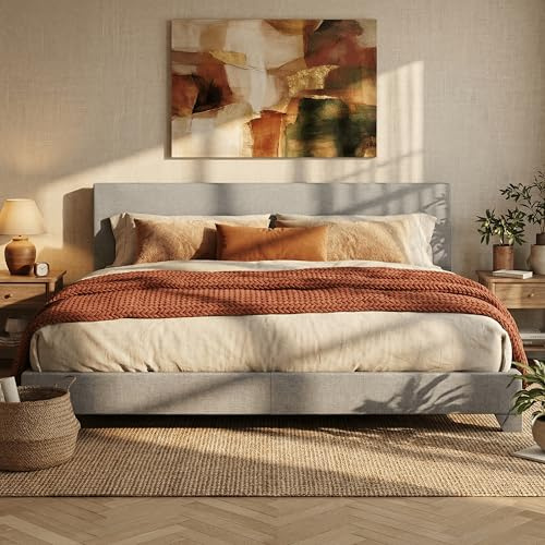 SHA CERLIN Light Grey King Platform Upholstered Bed Frame with Adjustable Headboard, Wood Slats Support, No Box Spring Needed, Easy Assembly, Easy Clean Up