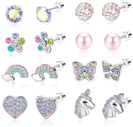 Diamday Hypoallergene Ohrringe mit Schraubverschluss für Mädchen und Frauen Edelstahl 316L Medizinische Ohrstecker CZ Blume Herz Schmetterling Schraubverschluss Rosa Mehrfarbig Ohrstecker-Set