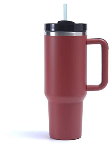 Moollyfox 40 oz Doppelwandiger Edelstahl Vakuum Isolierbecher mit Griff Upgrade Kaffeetasse 1200 ml Becher Tragbare Reisebecher Autobecher Thermobecher mit Strohhalm und Deckel Braun Rot