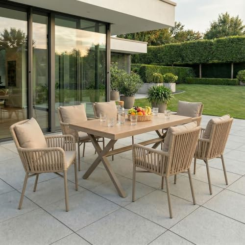 Gartenmöbel Set AFUERA Champagner/beige - Garten Sitzgruppe mit 6 Stühlen und Tisch, Terrassenmöbel aus Alu und WPC in Holzoptik, Stühle inkl. Sitzkissen