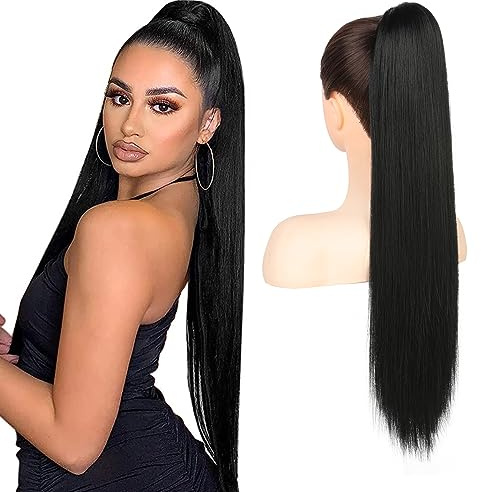Flufymooz Ponytail Extension Pferdeschwanzverlängerung, 66 cm langer gerader Pferdeschwanz mit Kordelzug, Lockiger Pferdeschwanz Synthetisches Haarteil für Damen(Natürliches Schwarz)
