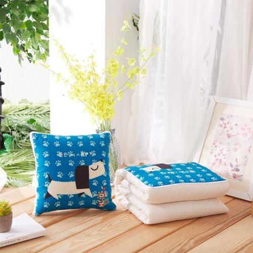 Hixingo Reisedecke und Kissen 2 in 1, Reisedecke mit Kissen Set Multifunktionale Reise Decke und Kissen 2 in 1 Weichem Flugzeug Verwandlungskissen für Urlaub, Camping (50 * 50cm,Blauer Hund)